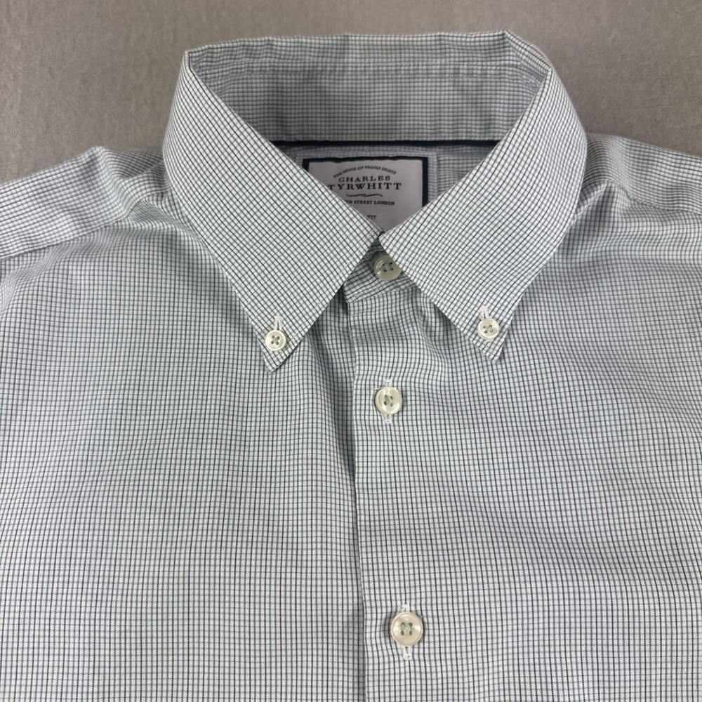 Charles Tyrwhitt M Shirt Men 16.5 Plaid Green Blue Non Iron Slim Fit Long Sleeve